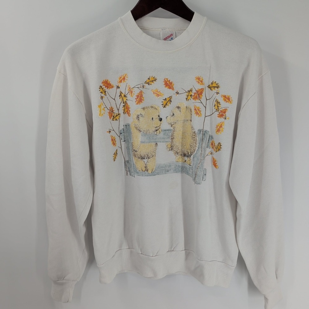 Vintage Y2K Jerzees Cute Bear Outdoor Graphic Pullover Sweatshirt White Size M - Picture 3 of 10